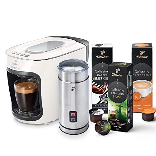 Tchibo Cafissimo mini Kaffeemaschine Kapselmaschine inkl. elektrischer Milchaufschäumer und 30 Kapseln für Caffè Crema, Espresso, Kaffee und Milchspezialitäten, Weiß