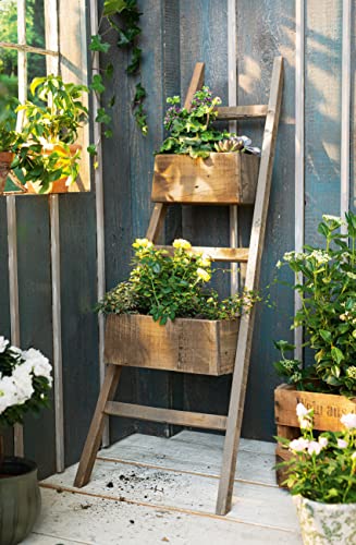Pflanzleiter Rustikal aus recyceltem Holz, 110 cm hoch, mit 2 Pflanzkästen, Upcycling Pflanzer, Gartendeko, Hochbeet, Blumenkasten