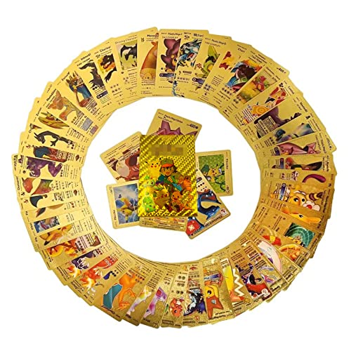55 Stück Goldfolienkarten, TCG-Deck, wasserdichte Sortierte Karten, Seltene Vmax DX GX, für Sammlung/Kindergeschenk (Golden)