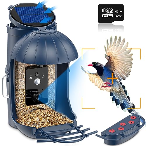 Vogelfutterhaus mit Kamera Solar, Cozion vogelfutterspender vogelhaus mit kamera Vogelhäuschen mit 1080P HD Kamera Video/Foto Automatisch Aufnehmen, vogelhaus futterstation mit 32GB karte (Dunkelblau)