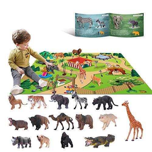 Tierspielzeug für 3 4 5 6 Jahre alte Kinder Jungle Wild Set Pädagogisches Plastik-Tierspielzeug mit Spielmatte Lion Tiger Party Geschenke für Jungen, Mädchen und Kinder