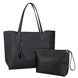 NUBILY Handtaschen Damen Shopper Damen Groß Schwarz Leder Umhängetasche Henkeltasche 2PCS Set Einfach Tote Bag Schultertasche für Schulgeschäft und Reisen