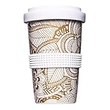 Mahlwerck Kaffeebecher to go, Porzellan Coffee-to-go Becher mit auslaufsicherem Deckel, Boho Motiv in Gold-Weiß, 400 ml