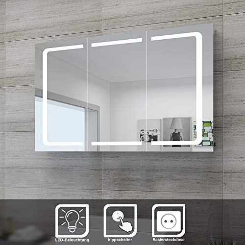 SONNI LED Spiegelschrank 105 x 65 x 13 cm Badezimmer-Spiegel Wandschrank Bad-Schrank mit Beleuchtung und Steckdose