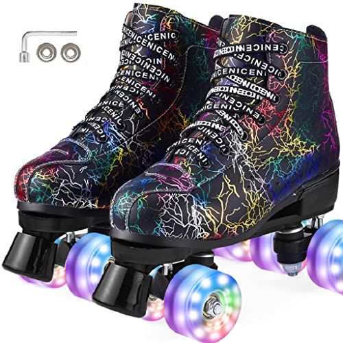 Rollschuhe für Damen und Herren Klassische Leder High Top Zweireihige Skates für Kinder, Jugendliche und Erwachsene komfortable LED Rollerskates Quad Skating Outdoor für Mädchen und Jungen (39)