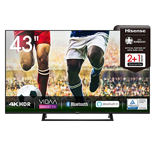Hisense 43AE7200F 108 cm (43 Zoll) Fernseher (4K Ultra HD, HDR, Triple Tuner DVB-C/ S/ S2/ T/ T2, Smart TV, Mittelstandfuß, Frameless, Bluetooth, Alexa),schwarz