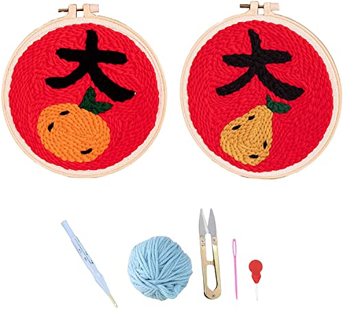 DACUN 2 stücke DIY. Frucht-Latch-Haken-Kits for Kinder Anfänger, runde Formhaken-Teppich-Stickkasten, Punch-Nadel-Starter-Kit mit Punch-Nadel buntes Garn-Muster vorbereitet
