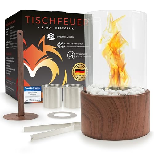 FEUERFUCHS® einzigartiger Tischkamin in edler Holzoptik - Tischfeuer XXL-Set für Indoor & Outdoor - Bio Ethanol Tischkamin - unendliche Brenndauer - Ethanol Kamin mit Verstellbarer Flamme - Kamin