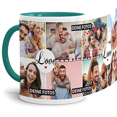 Tasse mit Spruch Love zum SELBSTGESTALTEN mit Foto-Collage für 8 WUNSCHFOTOS - Fototasse personalisiert - Persönliche Geschenkidee für Freunde und Familie - Innen & Henkel Türkis