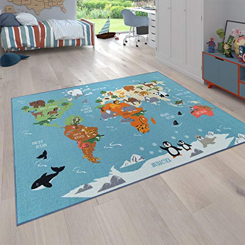 Paco Home Kinder-Teppich Für Kinderzimmer, Spiel-Teppich, Weltkarte Mit Tieren, In Grün, Grösse:160x220 cm