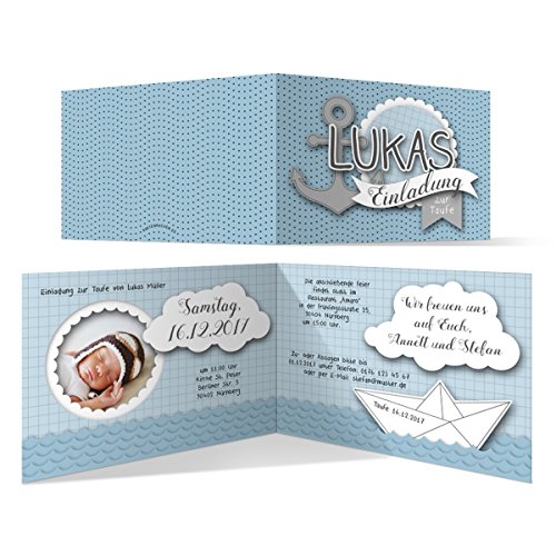 Taufe Einladungskarten (10 Stück) - Origami Anker in Blau - Taufeinladung Taufkarten