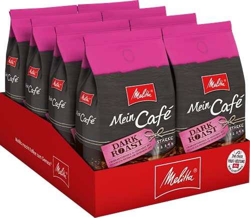 Melitta Ganze Kaffeebohnen, charaktervoll und intensiv mit Nuancen dunkler Schokolade, Stärke 4, Mein Café Dark Roast, 8 x 1 kg