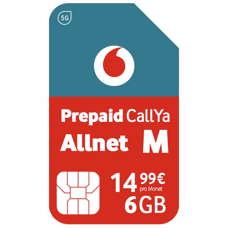 Vodafone Prepaid CallYa Allnet Flat M SIM-Karte ohne Vertrag I 5G Netz | Inkl. 6 GB Datenvolumen und Telefon- & SMS-Flat I 15 Euro Startguthaben