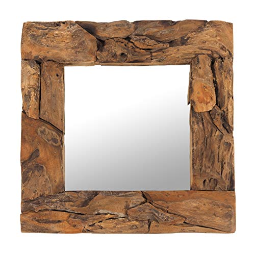 Holz WANDSPIEGEL Teak 50' | Teakholz (erodiert), Natur, 50x50x3 cm (HxBxT) | Spiegel mit Rahmen aus echtem Vintage Treibholz / Fundholz