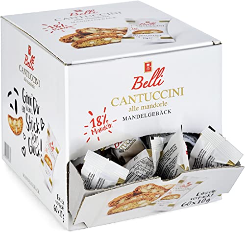 Belli Cantuccini alle mandorle (1x 600g) | 60x Kekse pro Box | Gebäck mit Mandeln aus Italien | einzeln verpackte Kekse in einer praktischen Box
