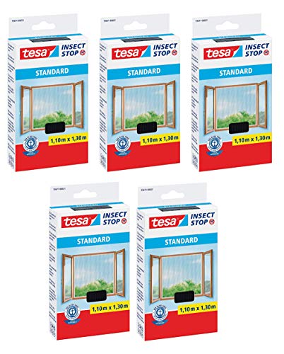 tesa® Insect Stop Fliegengitter STANDARD für Fenster, nahezu durchsichtig (1,10 m x 1,30 m / 5er Pack, anthrazit)