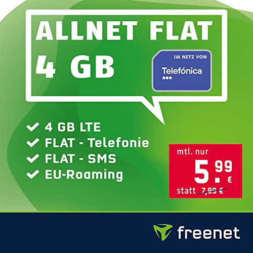 Handyvertrag green LTE 4 GB - Internet-Flat, FLAT Telefonie & SMS in alle Deutschen Netze, FLAT EU-Roaming, Monatlich kündbar für nur 5,99€/Monat, Telefonica Netz