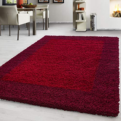 Teppich Hochflor Shaggy Teppich Bordure Teppich farbecht Pflegeleicht, Farbe:Rot, Maße:160 cm x 230 cm
