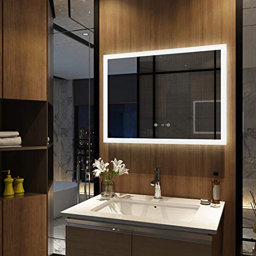 Meykoers Wandspiegel Badezimmerspiegel LED Badspiegel mit Beleuchtung 80x60cm, Spiegel mit Uhr, Touch-Schalter und Beschlagfrei Lichtspiegel Kaltweiß 6400K