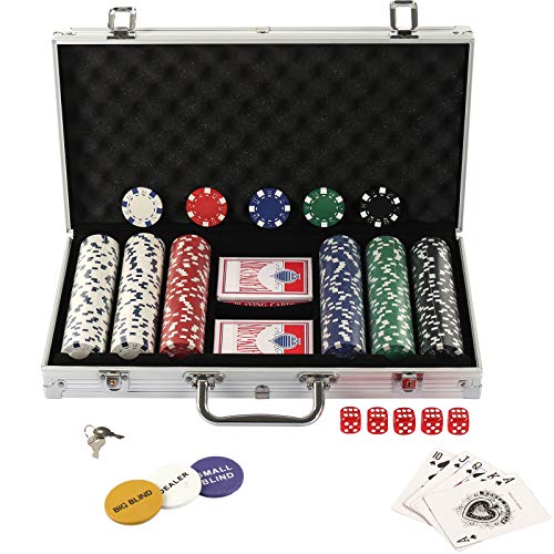 Display4top Pokerkoffer , Laser Pokerchips Poker 12 Gramm , 2 Karten, Händler, Small Blind, Big Blind Tasten und 5 Würfel, mit Aluminium-Gehäuse (300 Chips)