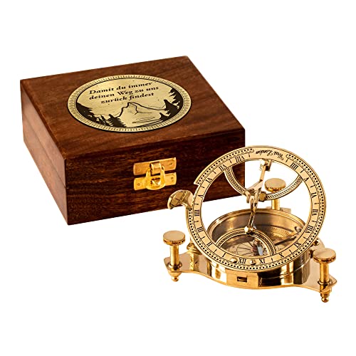 Casa Vivente Sonnenuhr-Kompass aus Messing mit eleganter Holzbox und personalisierten Gravur, Nautische Geschenkidee