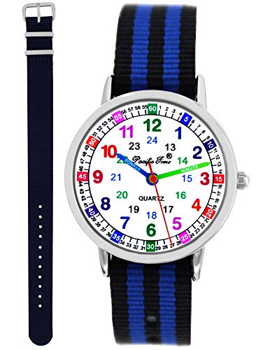 Pacific Time Kinder Armbanduhr Jungen Lernuhr 2 Wechsel Textilarmband blau schwarz-blau analog Quarz 11140