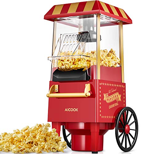 Popcornmaschine Retro, 1200W für Zuhause Popcorn Maschine Maker mit Heissluft, Popcorn Machine ohne Fett Fettfrei Ölfrei, Eine-Taste-Operation, Popcorn Popper, Rot[Energieklasse A+++]