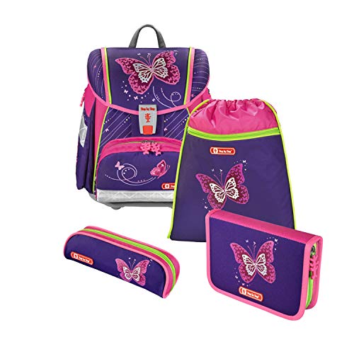 Step by Step Schulranzen-Set Touch 2 „Shiny Butterfly“ 4-teilig, lila-rosa, Schmetterling-Design, ergonomischer Tornister mit Reflektoren, für Mädchen 1. Klasse, 21L