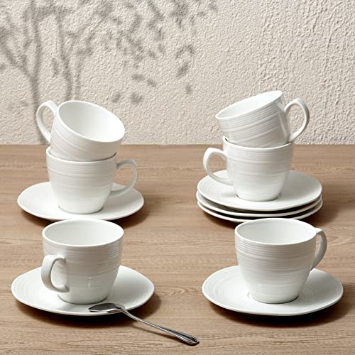 suntun Kaffeetassen Set 6/12 Personen, 12-teiliges Weiß Kaffeeservice Porzellan je 6 Cappuccino-Tassen (240ml) mit Untertassen, Geschirrset mit Unregelmäßigen Kanten für Tee,Latte