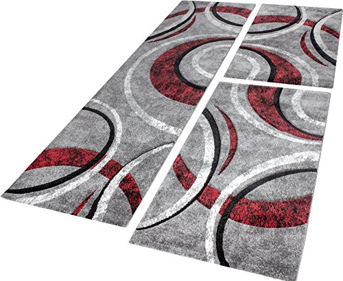 Bettumrandung Teppich mit Konturenschnitt Grau Schwarz Rot Läuferset 3 Tlg, Grösse:2mal 80x150 1mal 80x300