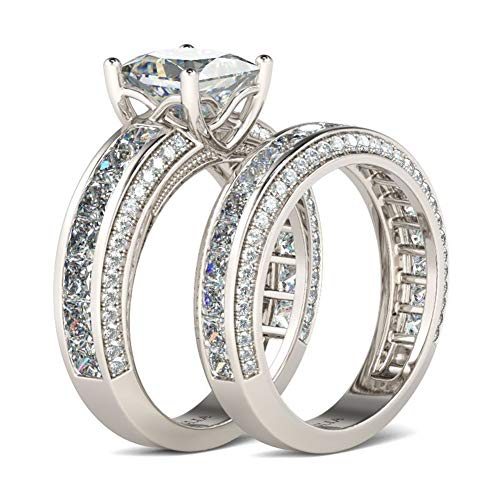 Jeulia Damen Sterling Silber Ringe Set Prinzess-Schliff 4-Prong Diamant Ringe Set Schmuck für Braut Hochzeit Band Verlobungsring Trauring Ehering (Sterling Silber, 54 (17.3))