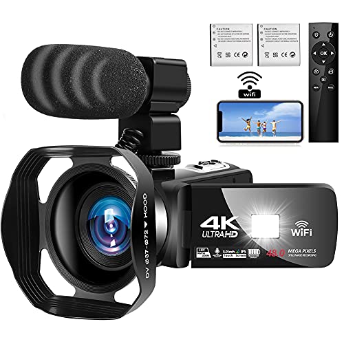 4K Camcorder UHD Videokamera 48MP WiFi Vlogging Kamera für YouTube,IR Nachtsicht Touchscreen 18X Digital Zoom Digital Videokamera mit Mikrofon, Fernbedienung und Gegenlichtblende