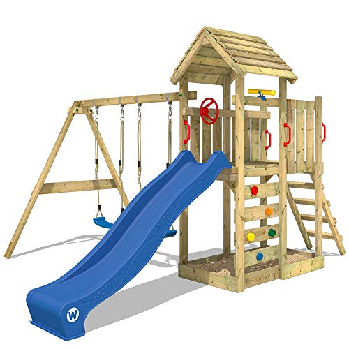 Wickey Spielturm Klettergerüst MultiFlyer Holzdach mit Schaukel & Blauer Rutsche, Garten Kletterturm für Kinder mit Holzdach, Sandkasten, Leiter & Spiel-Zubehör