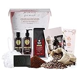 Premium Kaffee Wellness Geschenkset | Einzigartiges Geschenk für Frauen | 250g Kaffee, Cappuccino Duschgel, Seife, Kaffeepeeling, Duschschwamm, Geschenkverpackung (ganze Bohne)