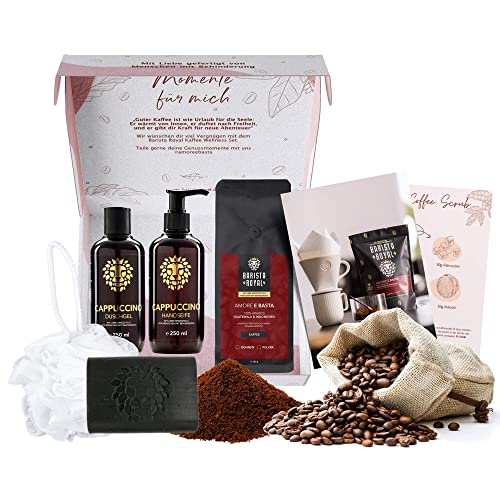Premium Kaffee Wellness Geschenkset | Einzigartiges Geschenk für Frauen | 250g Kaffee, Cappuccino Duschgel, Seife, Kaffeepeeling, Duschschwamm, Geschenkverpackung (ganze Bohne)