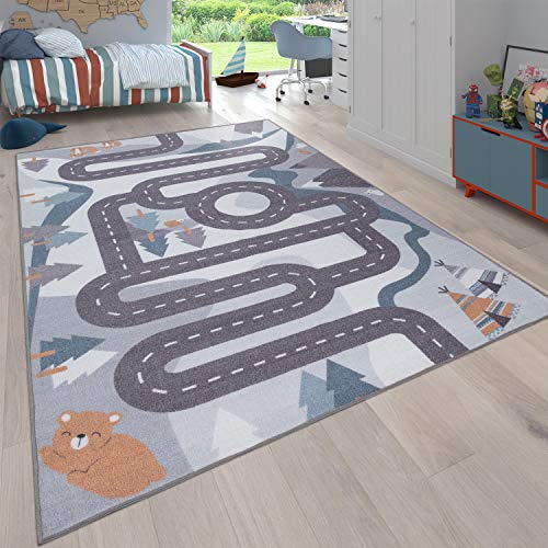 Paco Home Kinderteppich Spielteppich Teppich Kinderzimmer Junge Mädchen Tier Und Straßen Muster rutschfest Creme Blau Grau, Grösse:120x160 cm