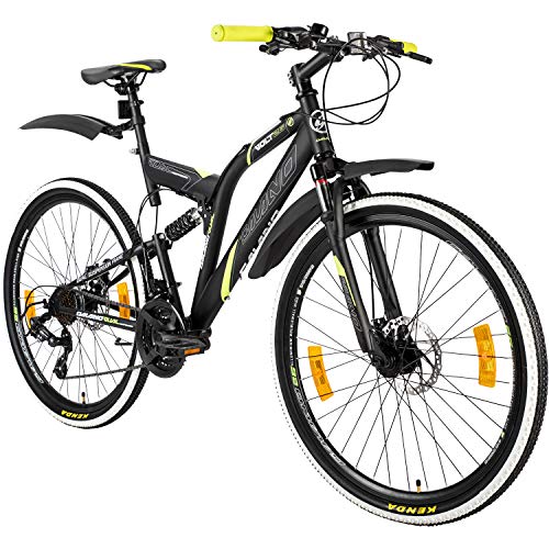 Galano Volt DS Mountainbike für Mädchen und Jungen ab 160 cm, Jugendfahrrad Unisex mit 21 Gangschaltung und Scheibenbremsen, Fahrrad MTB Fully Schutzblech (schwarz/grün)