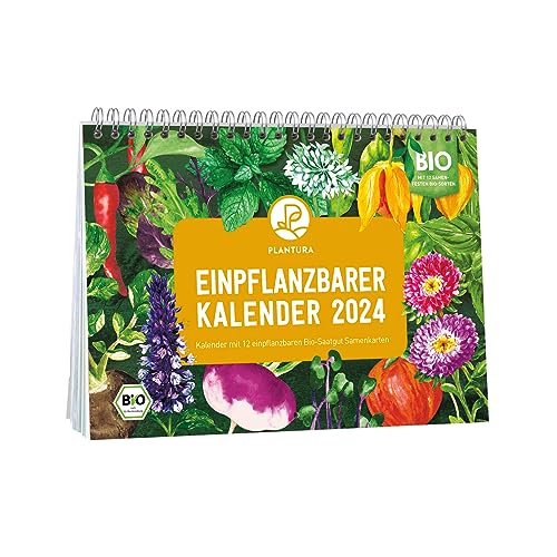 Plantura Einpflanzbarer Kalender 2024, A5-Format, Bio-Saatgut-Kalender mit 12 Samenkarten zum Einpflanzen