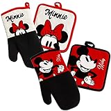 Disney Mickey und Minnie Küchenbedarf-Set – Bundle mit schwarz-roten und klassischen Mickey und Minnie Mouse Topflappen und Ofenhandschuhen (Disney Küchenzubehör)