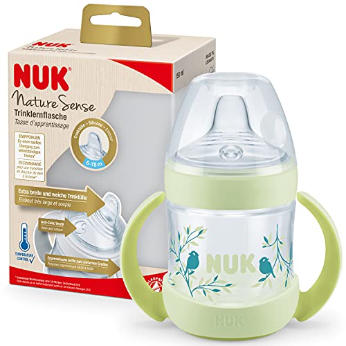NUK Nature Sense Trinklernflasche | 6–18 Monate | 150 ml | Temperature Control Anzeige | Mit Ergonomische Griffe und Anti-Kolik-Ventil | auslaufsichere Trinkschnabel aus Silikon | BPA-frei | Grün