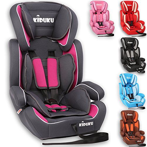 KIDUKU® Kindersitz 9-36 kg (1-12 Jahre) - Autositz ECE R44/04, Gruppe 1/2/3 Autokindersitz Kinderautositz, Grau/Pink