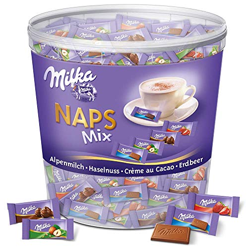 Milka Naps Mix 1 x 1kg Dose, Zartschmelzende Mini-Schokoladentäfelchen aus Alpenmilch, Erdbeer, Haselnuss und Crème au Cacao