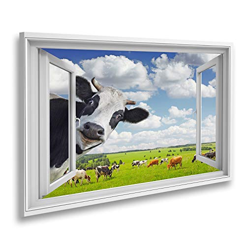 islandburner Bild auf Leinwand Fensterblick Lustige Kuh schaut in eine Kamera mit grüner ländlicher Wiese im Hintergrund Sagenhafter Effekt Wandbild Leinwandbild XCKA