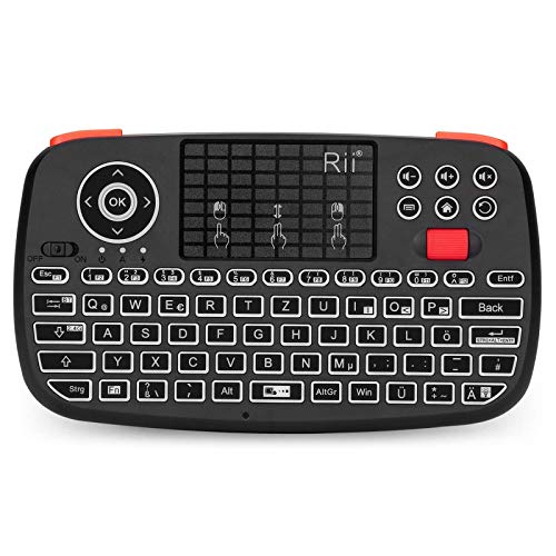 Rii Bluetooth Tastatur mit touchpad(Bluetooth 4.0 + 2.4G Wireless), Mini Tastatur with Scrollrad und LED Hinterleuchtet（Deutsches Layout, schwarz）