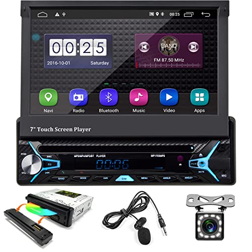 Podofo Autoradio Abnehmbar mit Navi Bluetooth Android Autoradio mit 7 Zoll Bildschirm 1din mit Motorisiert Ausfahrbarem Display Car Radio Touchscreen + DVD + Rückfahrkamera+ Mikrofon
