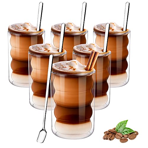 Latte Macchiato Gläser doppelwandig 350ml 6er set,Thermoglas aus Borosilikatglas,Espressotassen Kaffeebecher Trinkgläser Capuccino-tassen Eisbecher glas mit 6 Löffel und 6 Untersetzer
