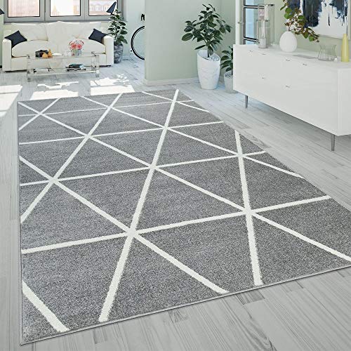 Paco Home Teppich Wohnzimmer Kurzflor Rauten Skandi Muster Modern Weich Grau Weiß, Grösse:120x170 cm