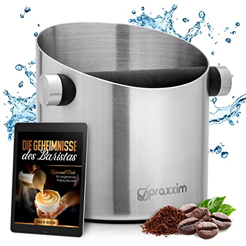 praxxim Abklopfbehälter für Siebträger - [VERBESSERTES Abschlagverhalten] - inkl. Barista eBook - Optimal für 1-2 Espresso Genießer im Haushalt - Kaffeesatz Abschlagbehälter aus Edelstahl