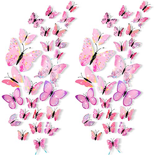 48 Stück 3D Schmetterling Wandaufkleber Abnehmbare Schmetterling Wandtattoos Bling Lebhafter Schmetterling Wandgemälde für DIY Party Büro Zuhause und Raum Dekoration (Rosa)
