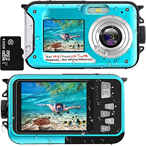 Unterwasserkamera Full HD 2.7K 48MP 10FT Kamera Wasserdicht Dual Screen 16X Digital Zoom Schnorcheln wasserdichte Digitalkamera fü r Selbstauslöser Unterwasser, Schwimmen, Urlaub